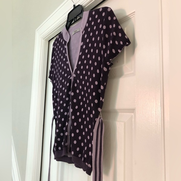 Silkwear Purple Polka Dot Buttoned V-Neck Belted Knit Cardigan Top Blouse - Picture 4 of 16